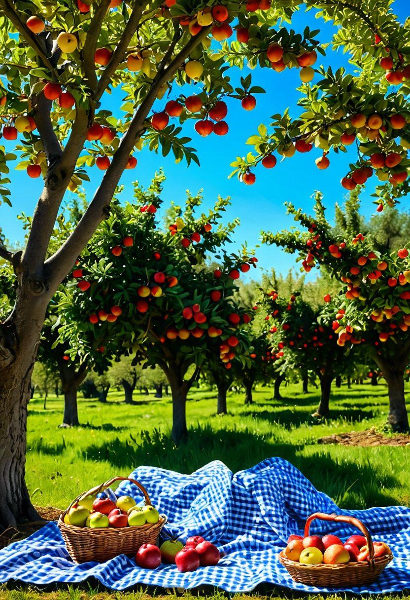 A vibrant orchard filled with various fruit trees, particularly apple trees laden with ripe, glossy apples. Sunlight filtering through the leaves creates a warm and inviting atmosphere, while a picnic spread of colorful fruits and apple delicacies sits on a checkered blanket. Birds flit among the branches, and a child joyfully picks an apple, embodying the essence of wholesome joy. super-realistic. vibrant colors. bright blue sky.