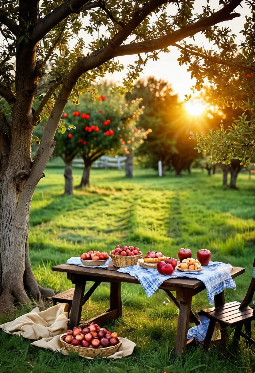 An inviting orchard with lush apple trees full of ripe, colorful apples, leading to a rustic wooden table beautifully set with an array of apple delicacies like pies, cider, and fresh-cut fruits. A golden sunset casts a warm glow, enhancing the scene's warmth and richness. Bees and butterflies flit amongst the blossoms, symbolizing nature's joy. Soft, warm-toned colors create a harmonious and wholesome feeling. super-realistic. vibrant colors. warm tones.