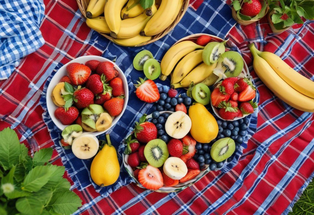 A colorful assortment of fresh fruits, including strawberries, blueberries, and bananas, arranged in a vibrant picnic setting with a checkered blanket. A happy family enjoying their fruity snacks, surrounded by sunshine and laughter. Delicate details of fruit slices and healthy snacks in the foreground, with lush greenery in the background. The image conveys joy, health, and togetherness. super-realistic. vibrant colors. bright background.